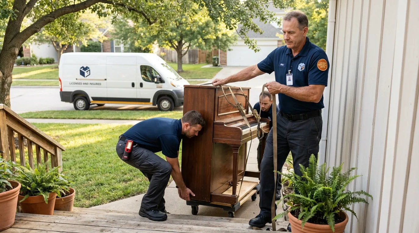 Licensed piano movers securing grand piano in Malvern, OH