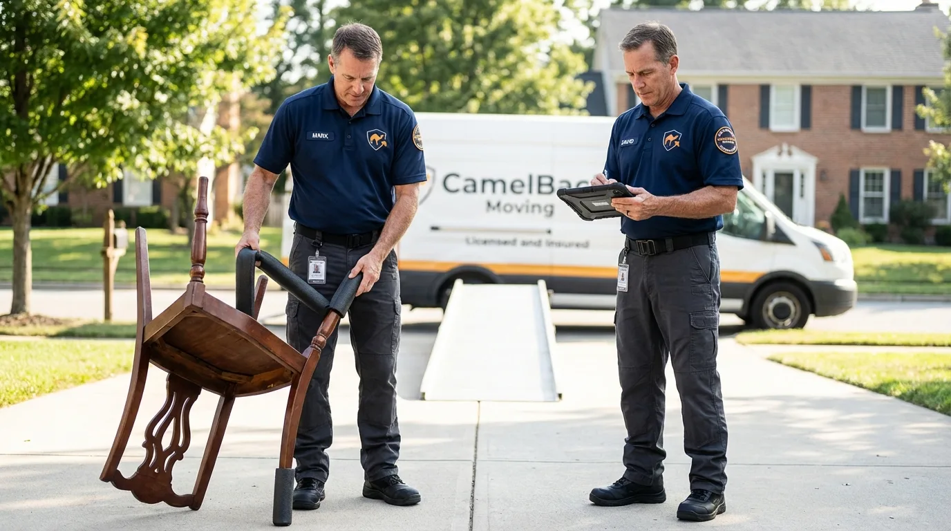 Movers inspecting furniture for damage prevention before loading in Malvern, OH